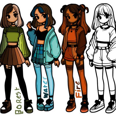 one girl with crop-top shirt and a jacket with a skirt, long socks and another girl with a shirt and pants with a jacket