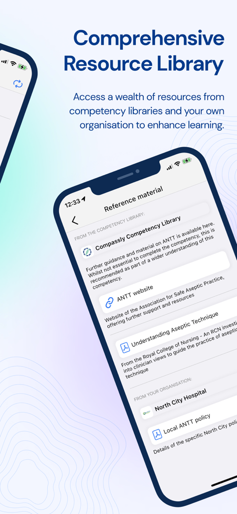 Compassly app screen showing the clinical resource library and reference materials for healthcare professionals.
