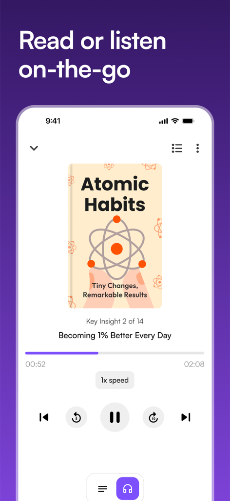 Wizdom: Book Summary & Podcast - Wizdom app audio player displaying a summary of Atomic Habits