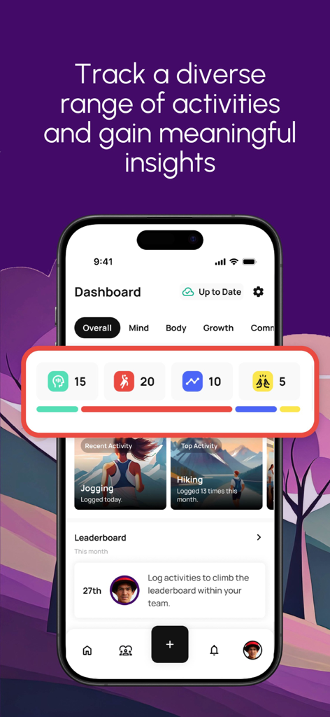 LVL Wellbeing - LVL Wellbeing app dashboard showing activity tracking, progress bars, and team leaderboard.