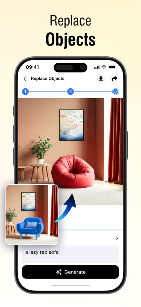 DECOZY mobile app interface demonstrating the AI Replace Objects feature to swap furniture in a room.