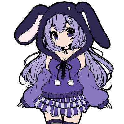 pretty anime girl wearing a fluffy hoodie with bunny ears on the hood and a skirt