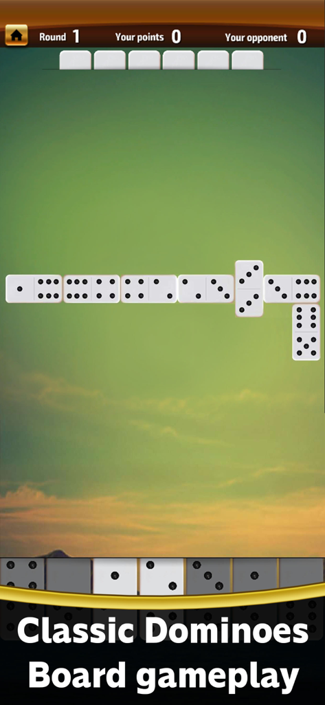 Domino game Dominoes offline - Interface clássica do jogo de dominó mostrando peças em um tabuleiro com fundo verde.