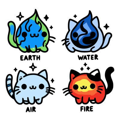 4 cats that represent the different elements, earth, water, air, and fire
