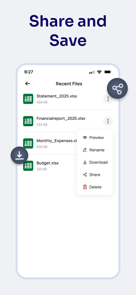 最近のExcelファイルのリストにプレビュー、名前変更、ダウンロード、共有、削除のオプションが表示されている銀行明細コンバーターアプリのインターフェース