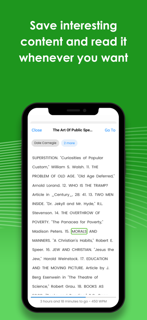 Spreeder - Speed Reading - Spreeder speed reading app interface showing an article with a words per minute tracker and reading progress.