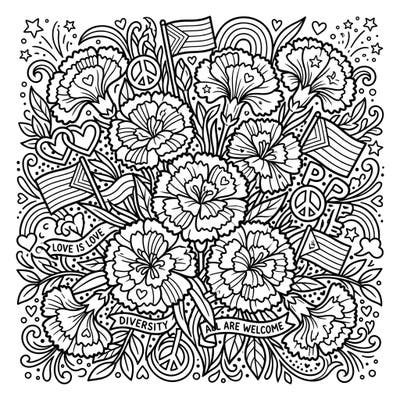 Immerse yourself in a beautiful bouquet of Dianthus Carnations, intricately designed to celebrate Pride Month. This heartwarming coloring page is filled with symbols of love, peace, and diversity, perfect for all ages.