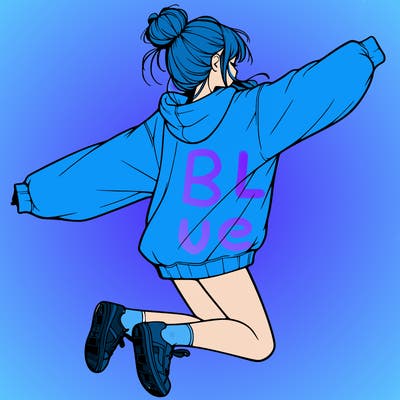 realistic girl jumping with a bun and oversized sweatshirt