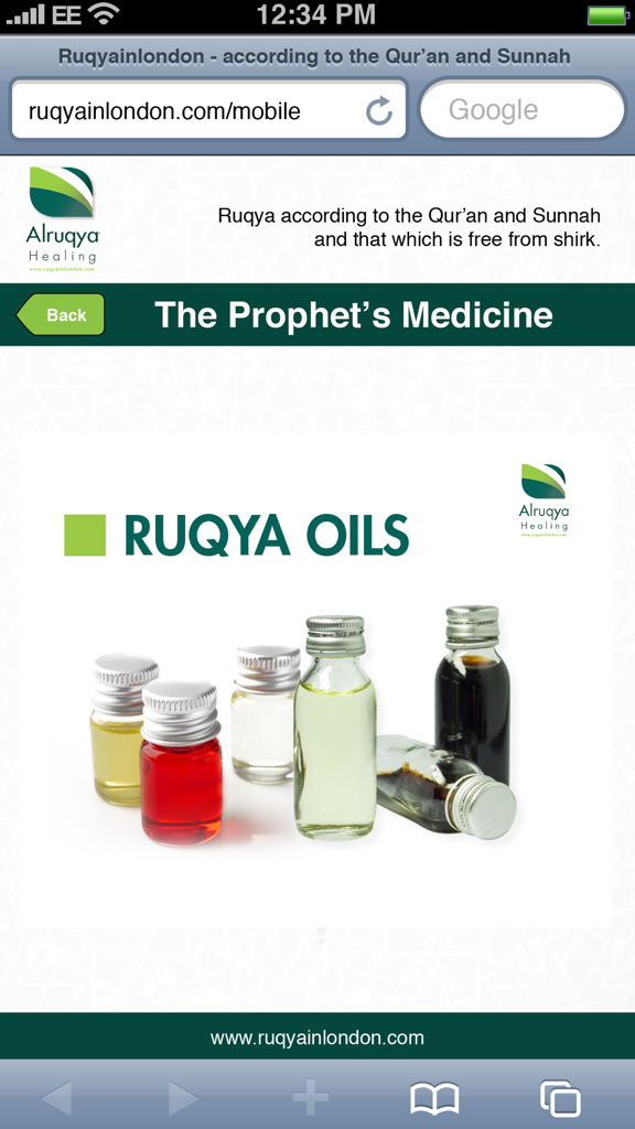 Screenshot of the Ruqya Healing Guide app showing various bottles of Ruqya oils in the Prophet Medicine section