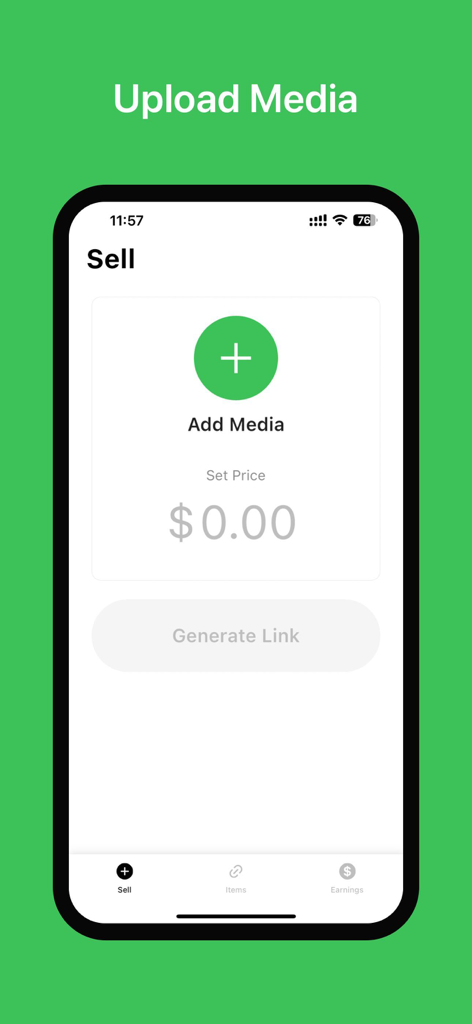 미디어 업로드, 가격 설정, 판매 링크 생성을 위한 Silcoo 모바일 앱 화면.