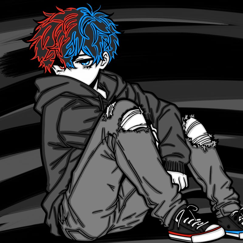 a male hoddie ripped jeans messy hair anime