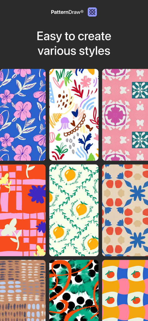 A display of various seamless pattern designs created with PatternDraw