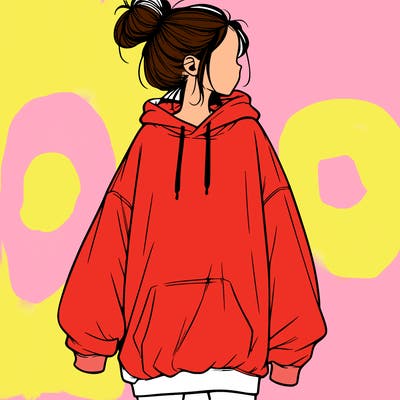 realistic girl with a oversized sweatshirt on and a bun