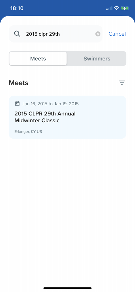 Search interface in the Meet Mobile Swim app showing search results for a swimming meet