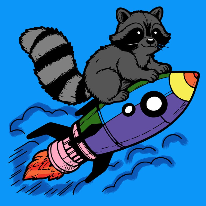 realistic raccoon flying on top rocket ship