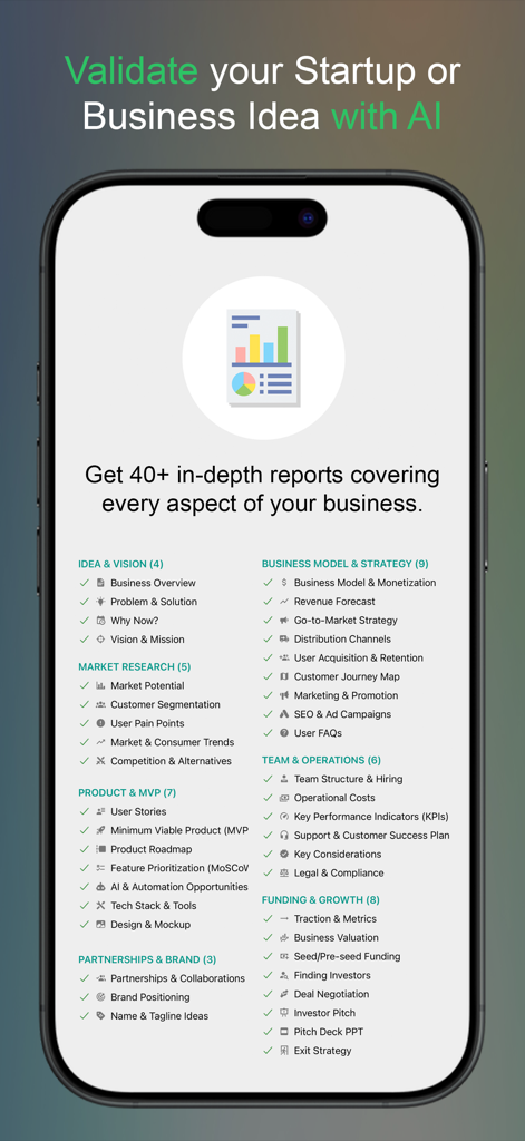 Startup AI: Idea Validator - A list of over 40 AI generated business reports for startup validation and strategic planning