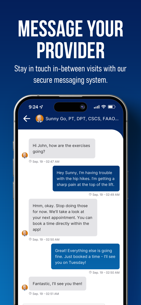 Orthopedic & Spine PT - Pantalla de mensajería segura en la aplicación Orthopedic and Spine PT que muestra una conversación entre un paciente y su fisioterapeuta.