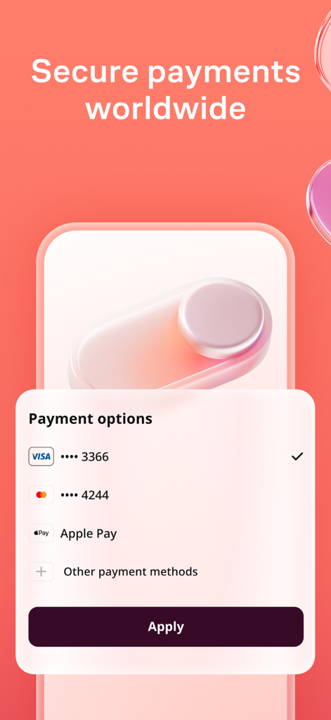 Flowwow app interface showing secure global payment options including Visa, Mastercard, and Apple Pay