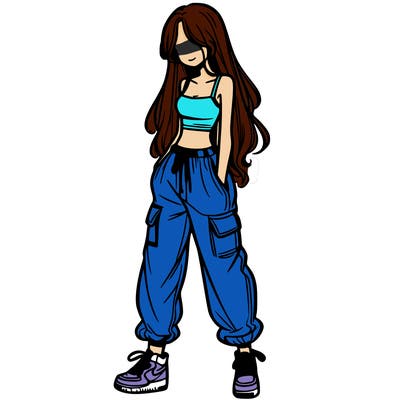 girl in baggy pants crop top and long hair
