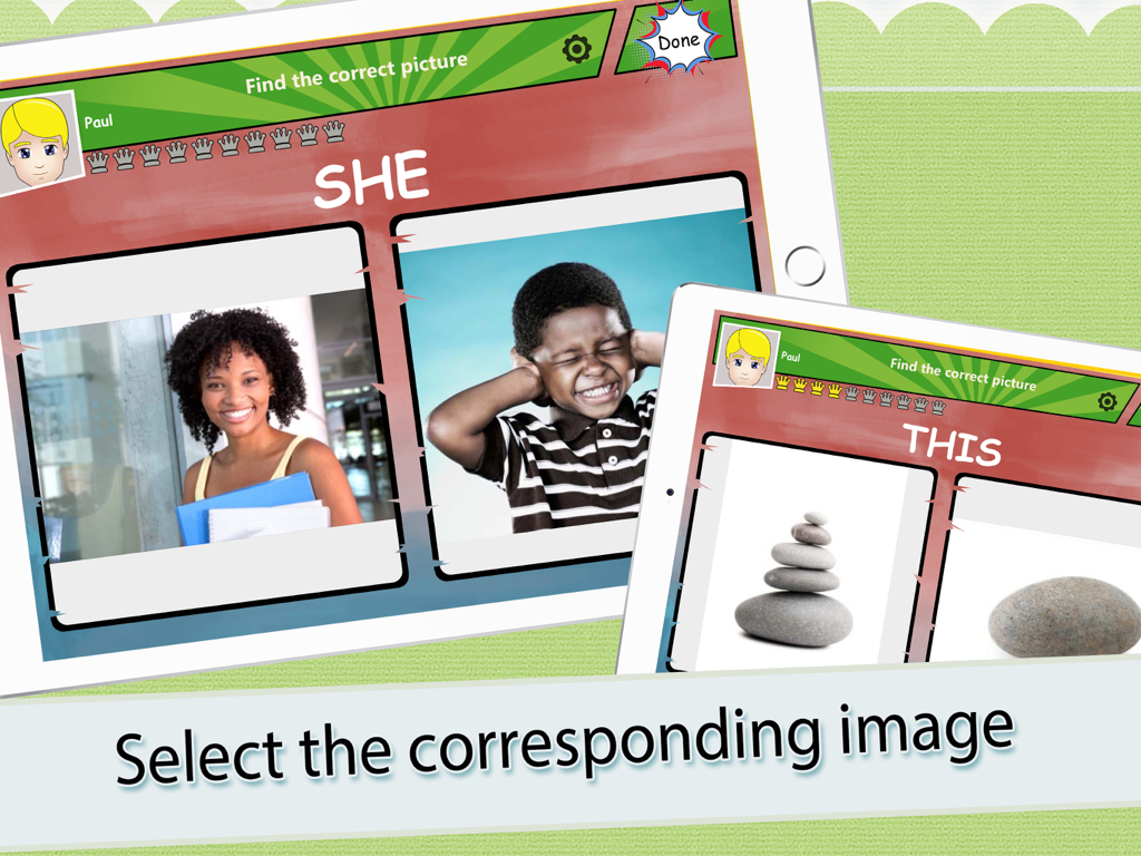Pronoun Heroes - Screenshot of Pronoun Heroes app showing a matching activity with real life photos on two iPads