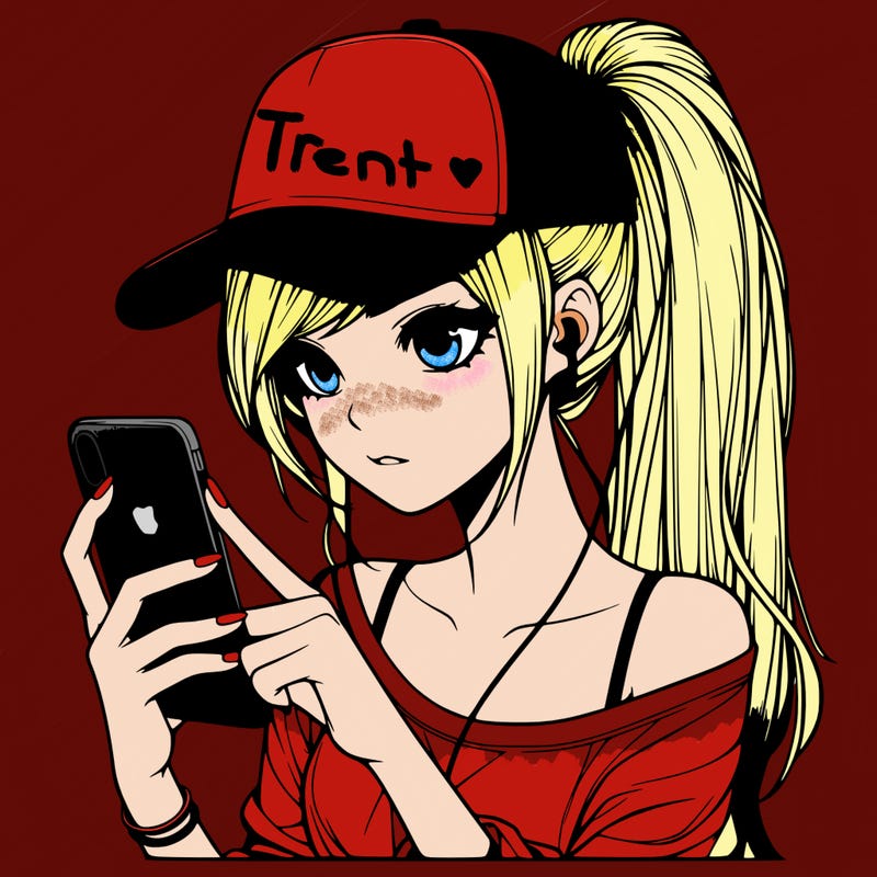realistic girl with a long ponytail and trucker hat holding an iphone