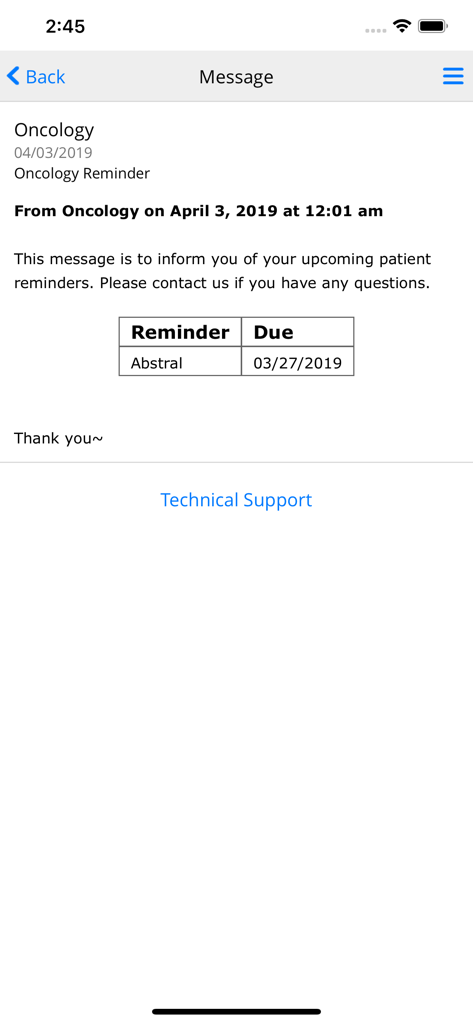 MEDITECH MHealth - Oncology reminder message in the MEDITECH MHealth app showing patient reminder details and due date