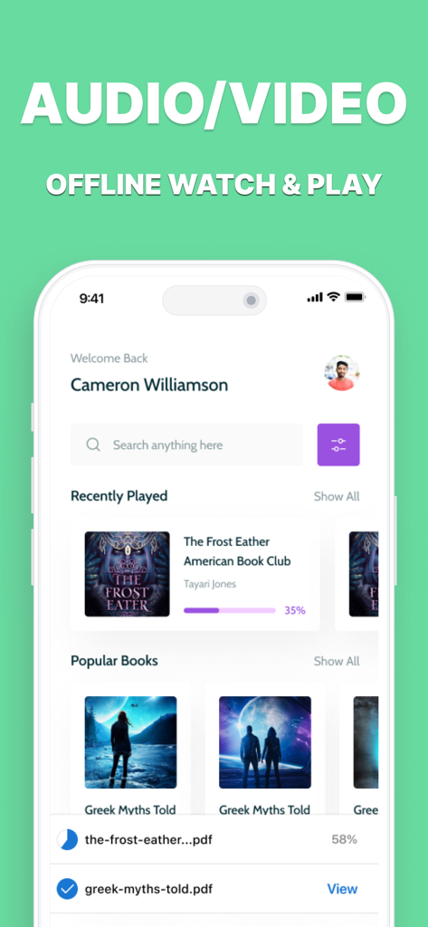 Interface of the Browser and Offline File Storage app showing a media library with audiobooks and downloaded PDF files