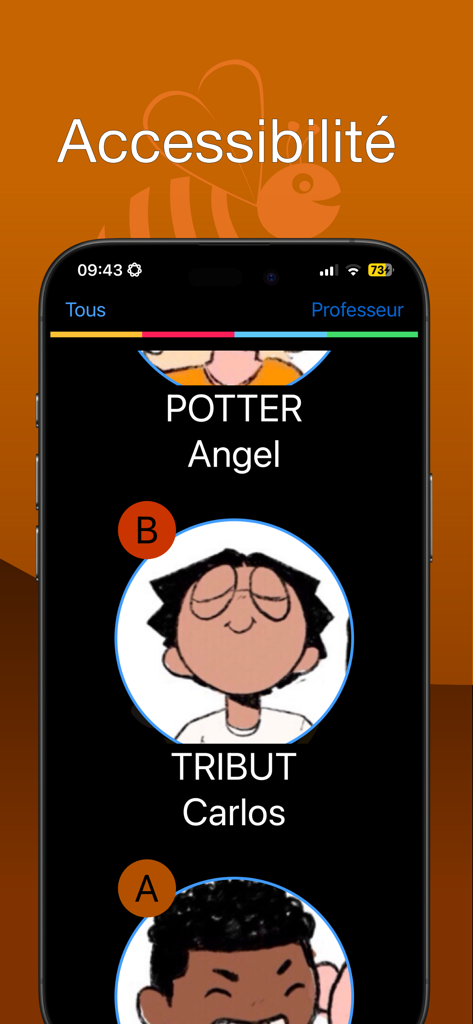 Je valide - Student roster view in the Je valide app with illustrated child profiles