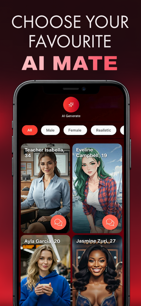 Perfect Girlfriend AI Fantasy - Interfaz de la aplicación Perfect Girlfriend AI Fantasy que muestra una galería de personajes compañeros virtuales para elegir.