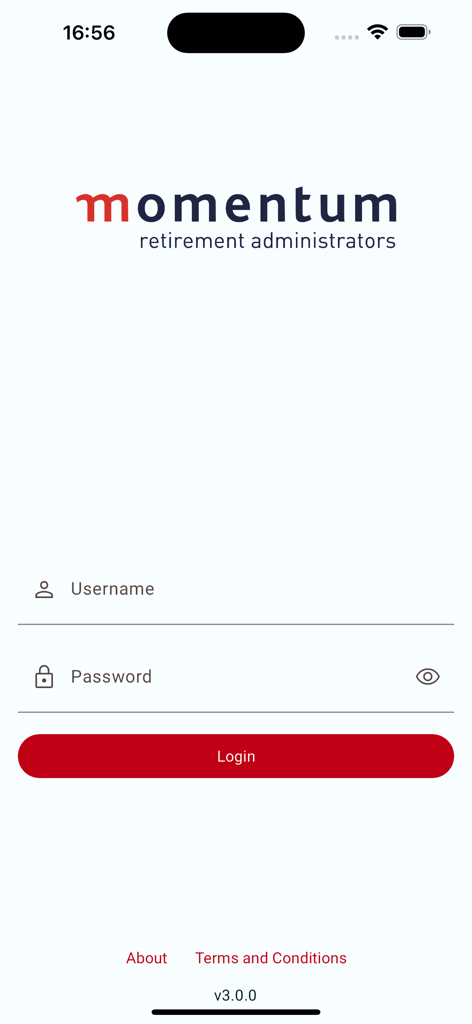 MRA Mobile - Pantalla de inicio de sesión de la aplicación móvil Momentum Retirement Administrators