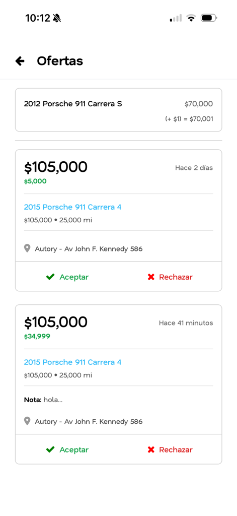 Autory - ポルシェ911のいくつかの車両購入オファーを表示するAutoryアプリのインターフェース。