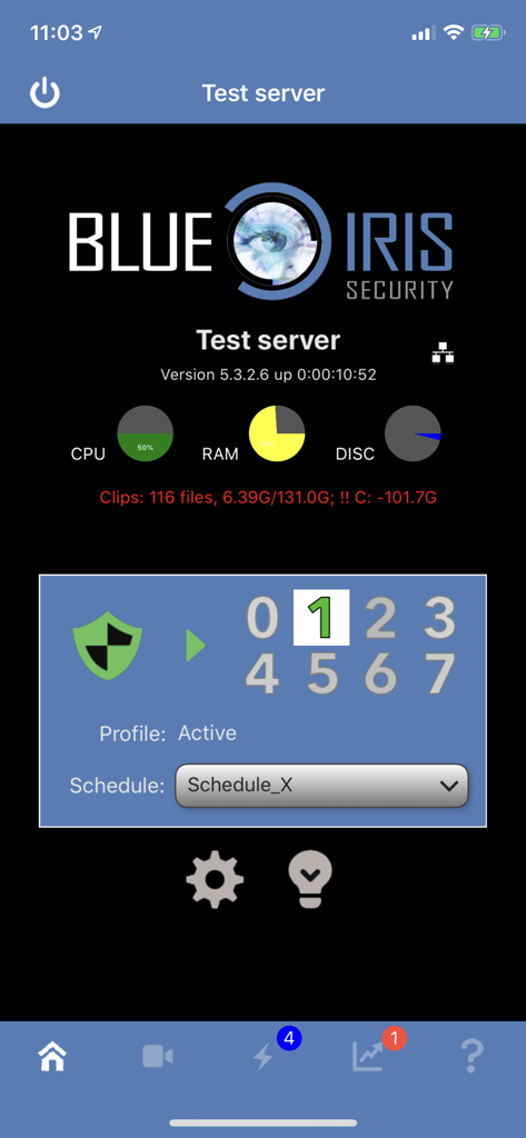 Blue Iris app dashboard showing server performance and security profile status