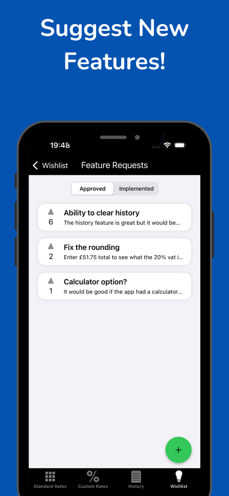 Calc VAT – UK VAT Calculator - 英国VAT計算アプリの機能リクエスト画面。ユーザーの提案とウィッシュリストが表示されています。