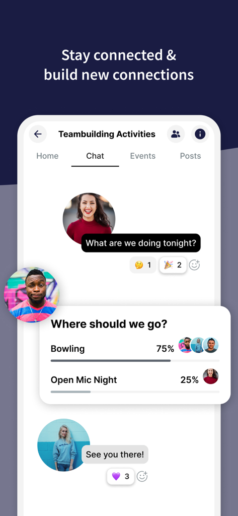 Raftr – Get Current - A group chat interface in the Raftr app showing a poll for teambuilding activities and user messages.