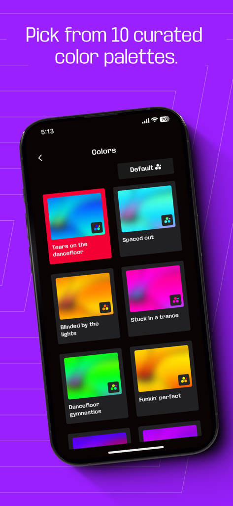 SOUNDBOKS - Smartphone screen showing curated color palettes for the SOUNDBOKS app lighting controls