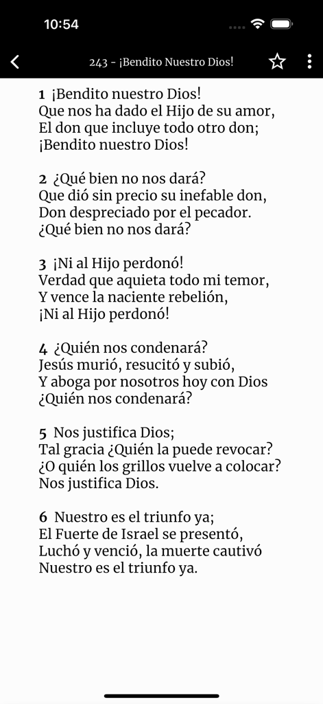 Schermata che mostra i testi degli inni spagnoli per l'inno Bendito Nuestro Dios nell'app mobile Inni e Cantici del Vangelo.