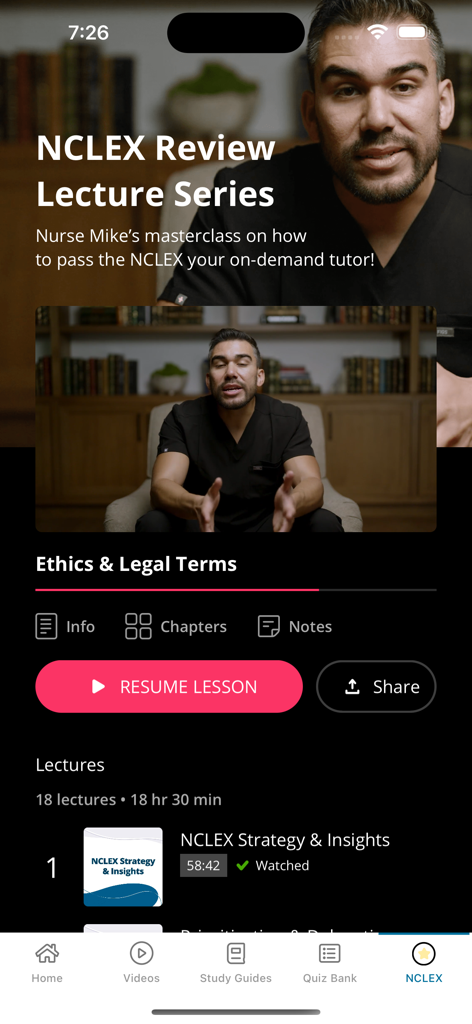 Nursing School & NCLEX Prep - Schermata della serie di lezioni di ripasso NCLEX nell'app SimpleNursing con lezioni video di Nurse Mike