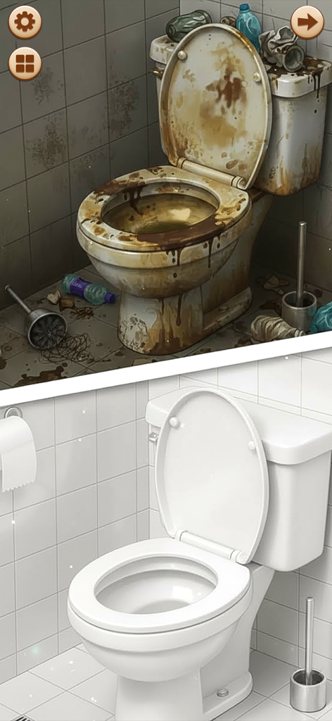 A split screen showing a dirty toilet being transformed into a clean one