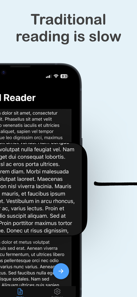 Speed Reading: Bionica - Schermata dello smartphone che mostra l'app Bionica con il titolo La lettura tradizionale è lenta.