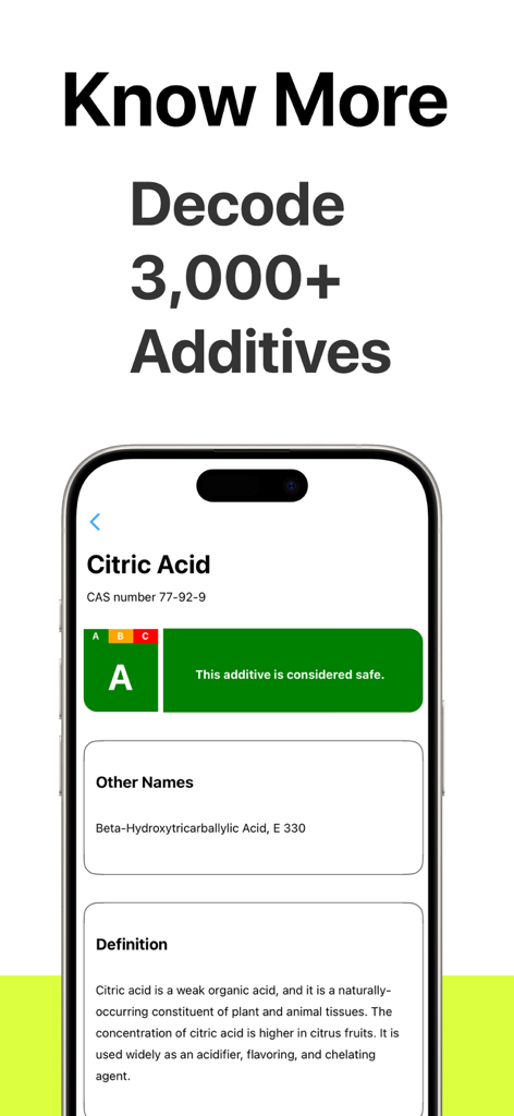 Yucca food scanner app showing a safety rating for citric acid additive