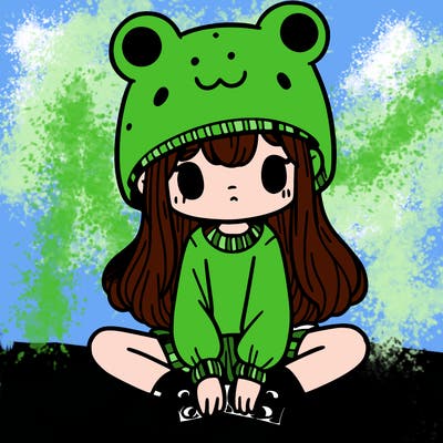 a girl wearing a frog hat and some frog socks