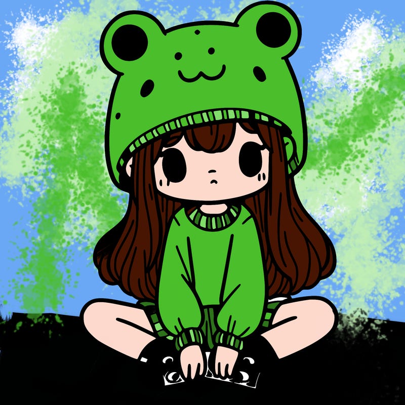 a girl wearing a frog hat and some frog socks