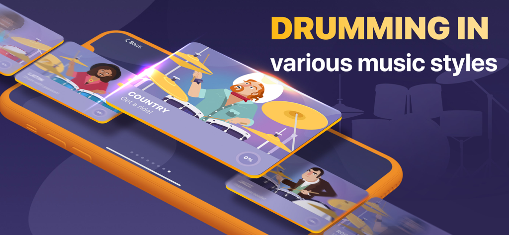 Go Drums: lessons & drum games - Go Drums app interface showing different drumming lessons for genres like Country Latin and Jazz
