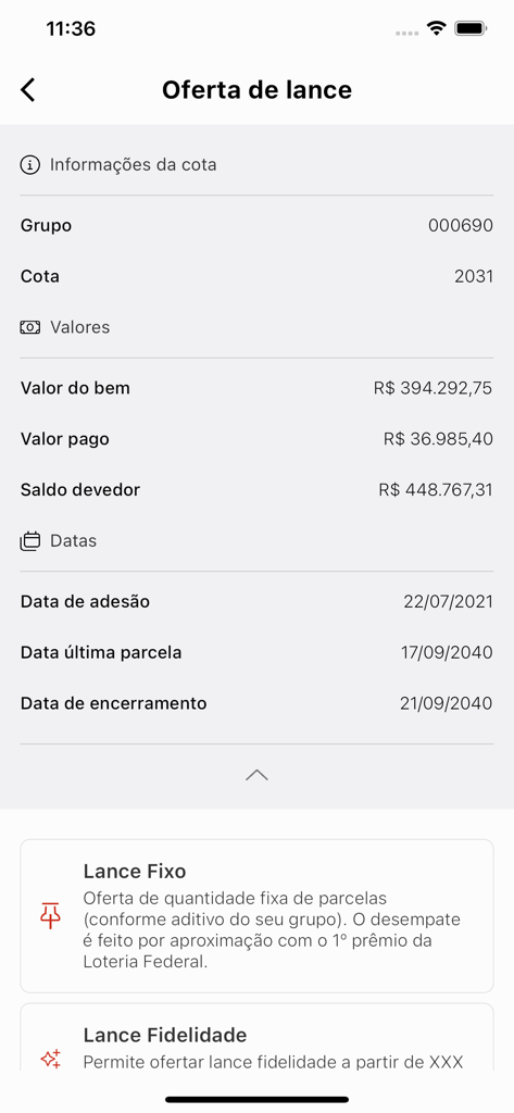 Ademicon - Smartphone screen of the Ademicon app displaying bid offer information for a financial consortium quota.