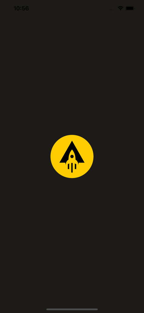 CANALDEPORTE - Canaldeporte app splash screen featuring a yellow circular icon with a black rocket logo on a dark background