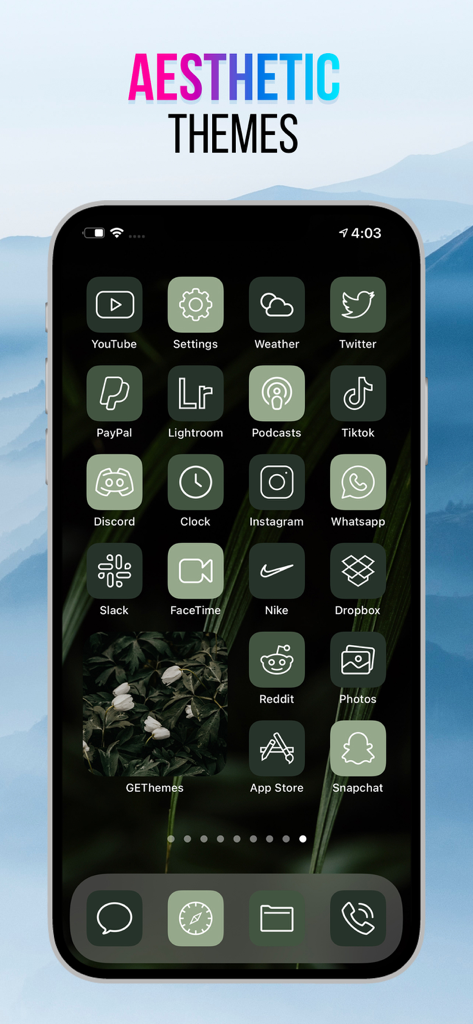 Themes - Icons App & Widget - Pantalla de inicio de iPhone con iconos minimalistas verde oscuro y un tema estético