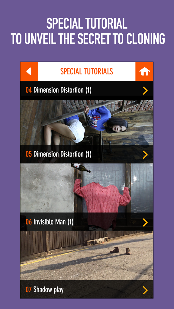 Clone Camera Pro - Special tutorials menu in Clone Camera Pro showing creative photo manipulation examples