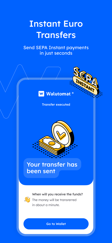 Walutomat app interface showing confirmation of a successful SEPA instant euro transfer
