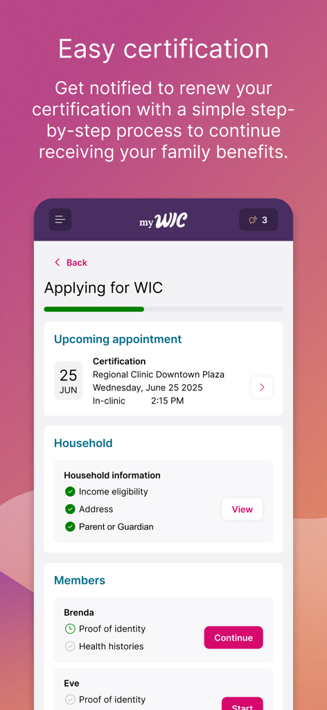 myWIC Mosaic app interface showing the step by step certification process and appointment management screen