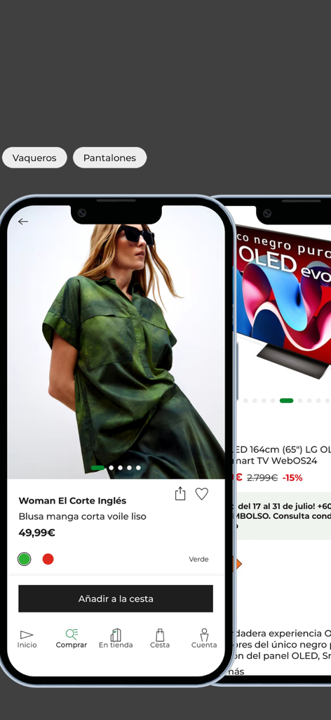 El Corte Ingles mobile app interface showing a green blouse product page and a television listing.